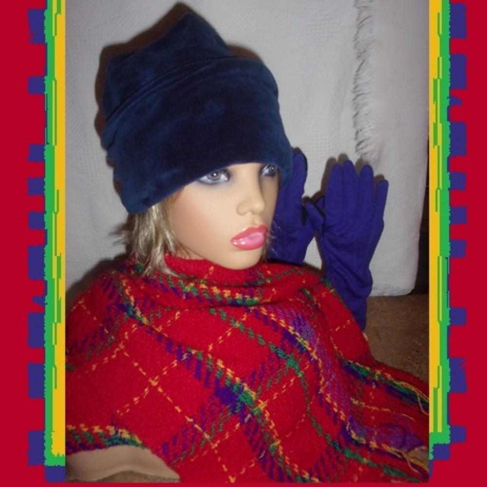Midnight Velour Hat AND Red Plaid Scarf AND Blue Gloves